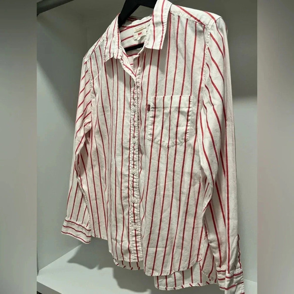 LEVI’S ULTIMATE BOYFRIEND striped cotton shirt White with Red Pinstripes large - Picture 2 of 8